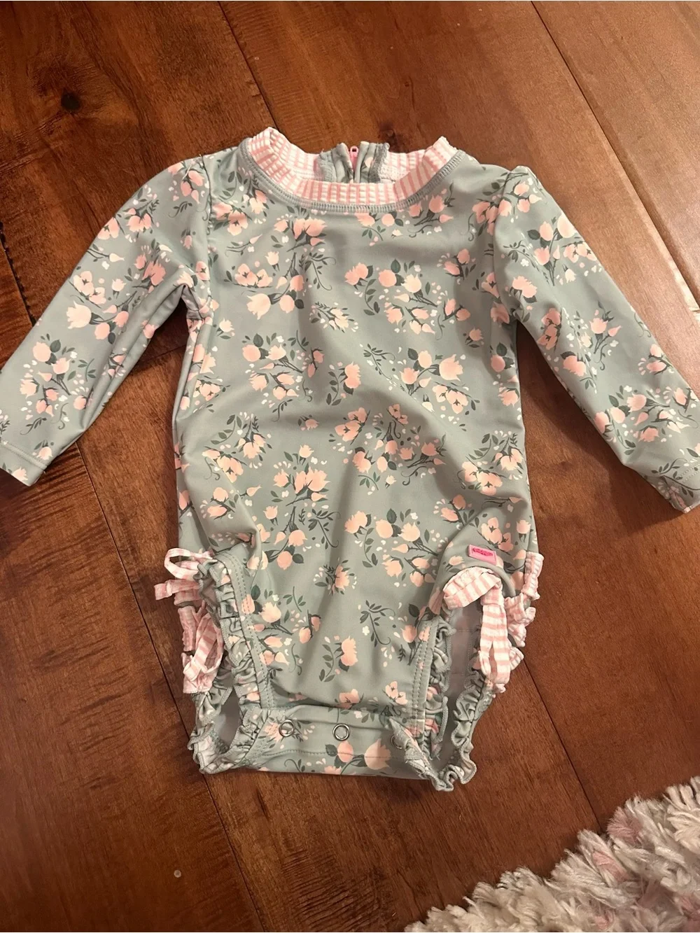 Ruffle Butts Sage Green Floral One-Piece Swimsuit with Pink Accents